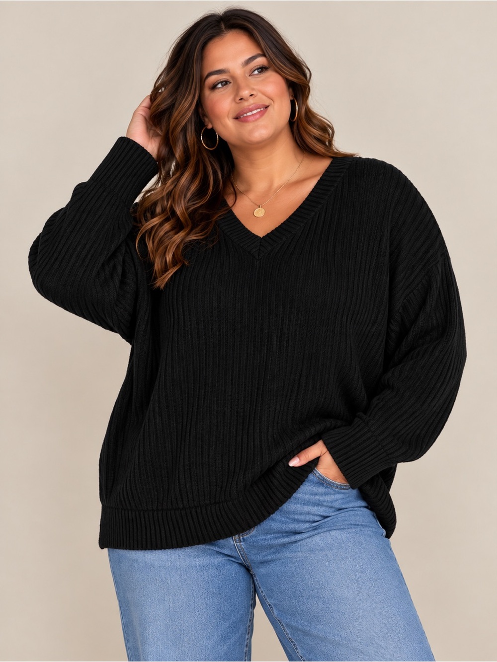 NWT ANRABESS Black Ribbed V Neck Sweater 2XL Oversized Fall Plus Size